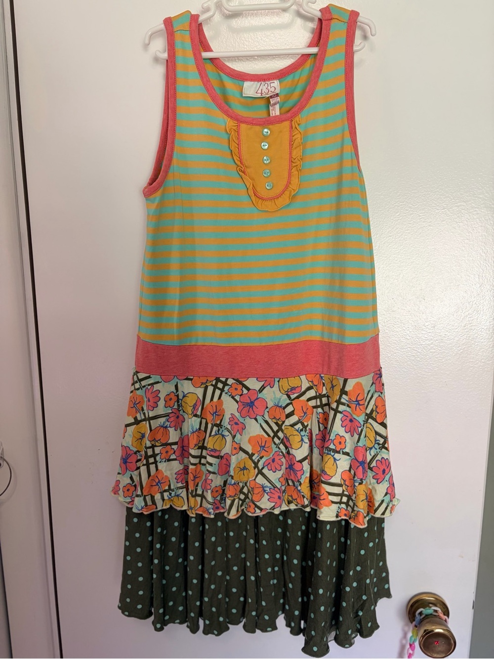 Matilda Jane Coral Trim Striped Tank Dress with Turquoise, Yellow & Olive Panels